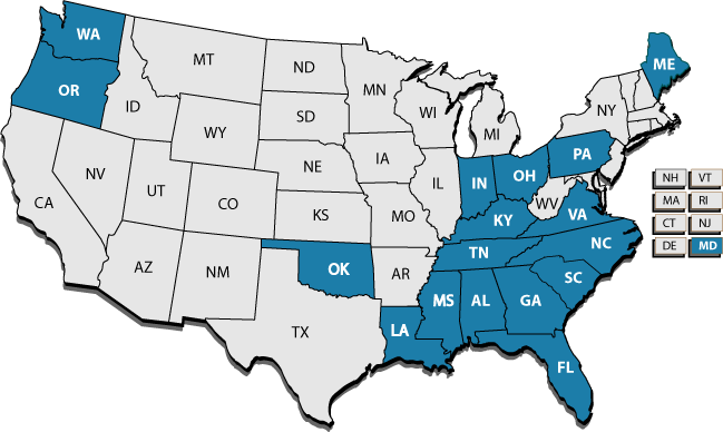 map of TeamBWT, LLC, USA states for Wholesale Fuel product sales/transfer to USA public/private companies